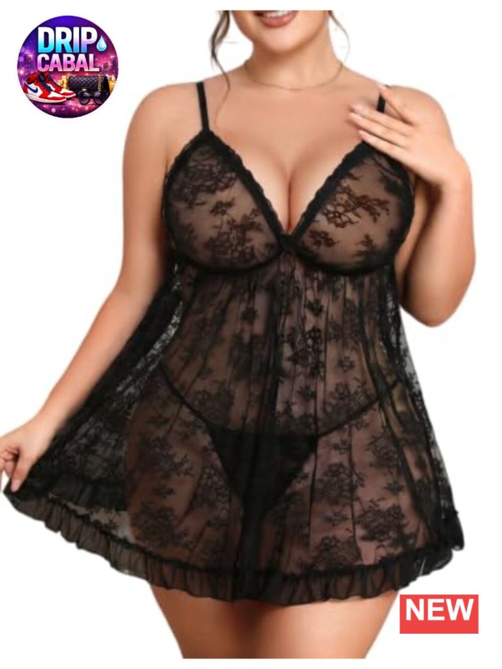 Plus Size Lace Babydoll Chemise with Adjustable Straps, Deep V-Neck, Sheer